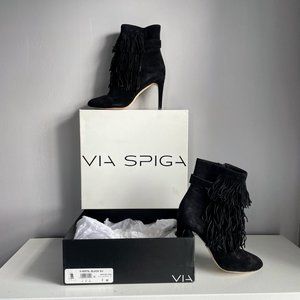 Via Spiga Black Suede Heel Fringe Ankle Boots